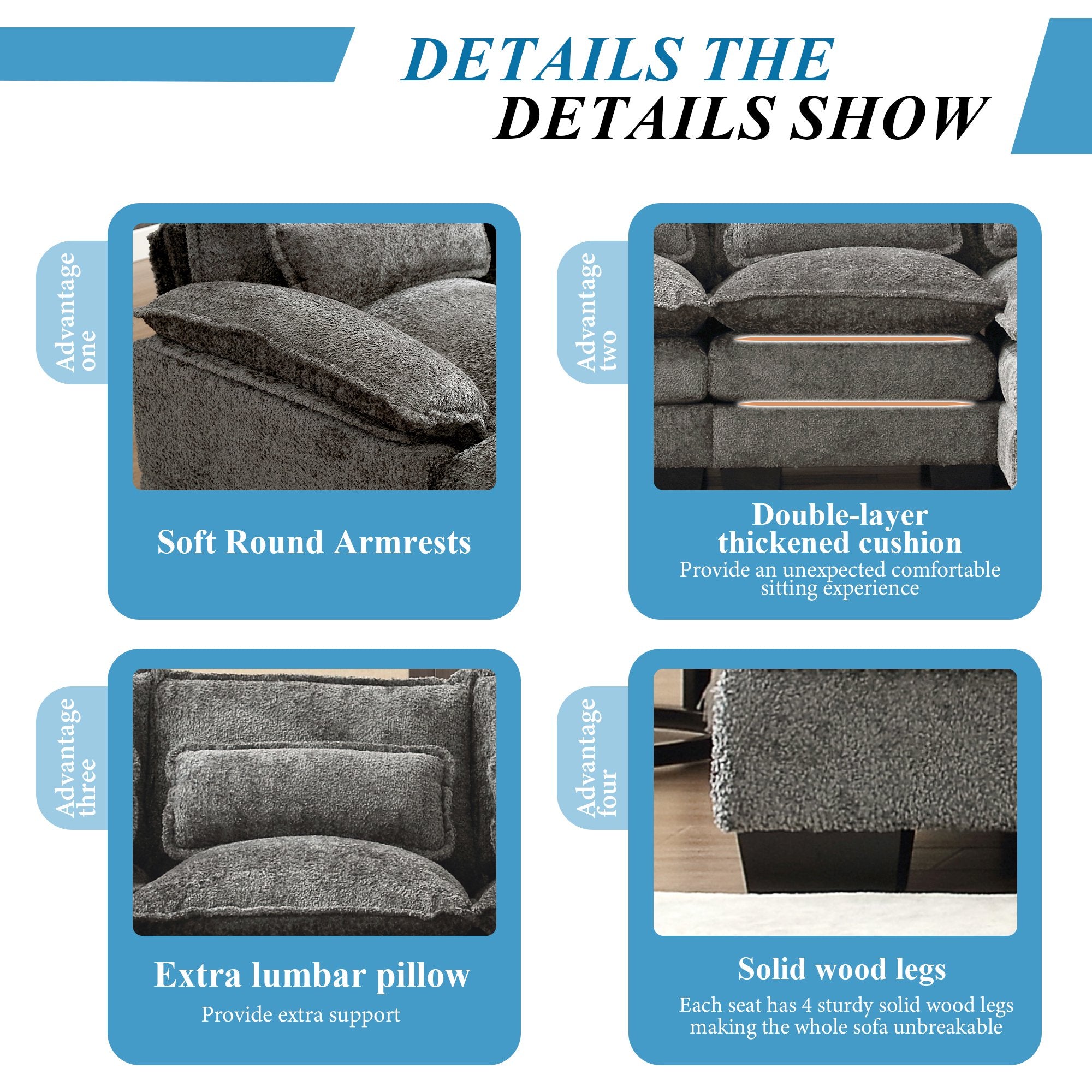 FFH Chenille Sectional Sofa with 2 Chaise, 110.6" Large Reversible Modular Sofa, Modern U-Shaped Sofa Couch for Living Room, Dark Gray