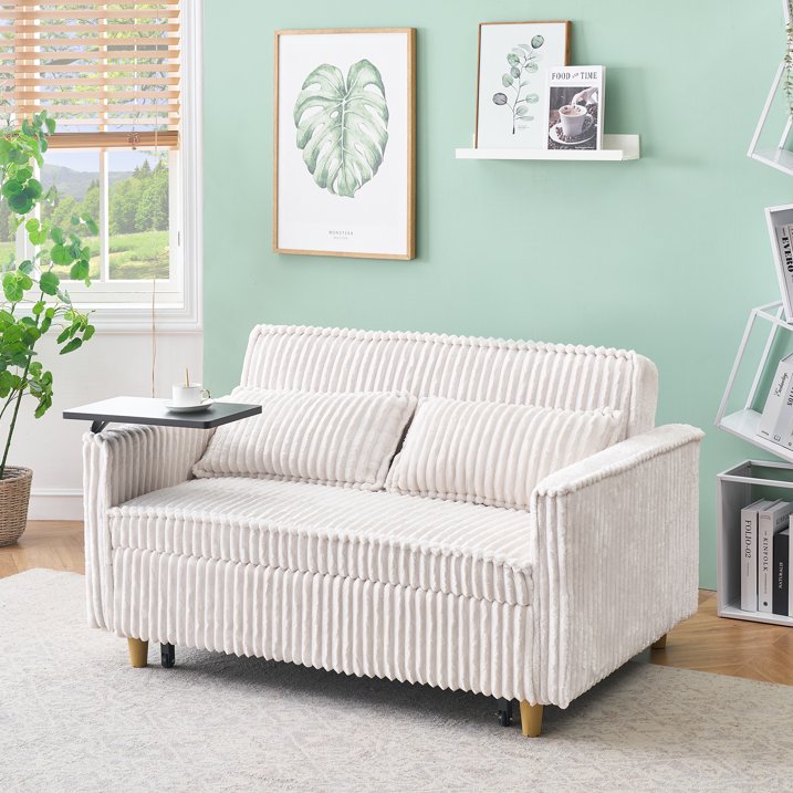 FFH 3 in 1 Convertible Pull Out Sofa with Tabletop & USB Ports, Sleeper Sofa Bed with 2 Soft Pillows, Upholstered Comfy Lounge Corduroy Couch with 3-Level Adjustable Angle Backrest