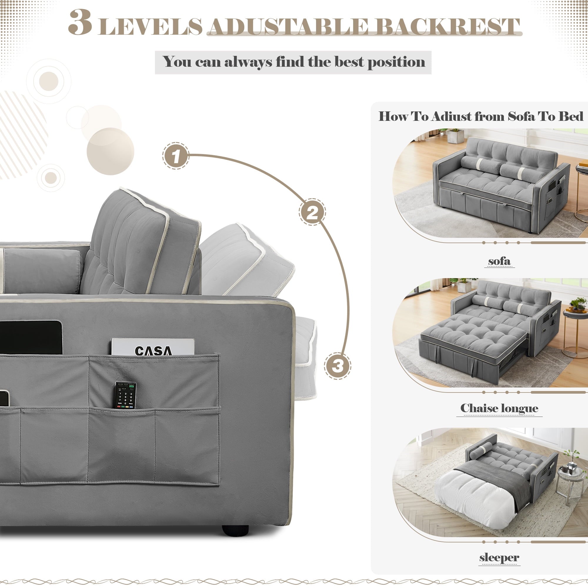 Dinosisco Convertible Sofa Bed, 55" Pull Out Sofa Bed - Tufted Velvet Loveseat Sleeper Sofa Couch for Living Room, Gray