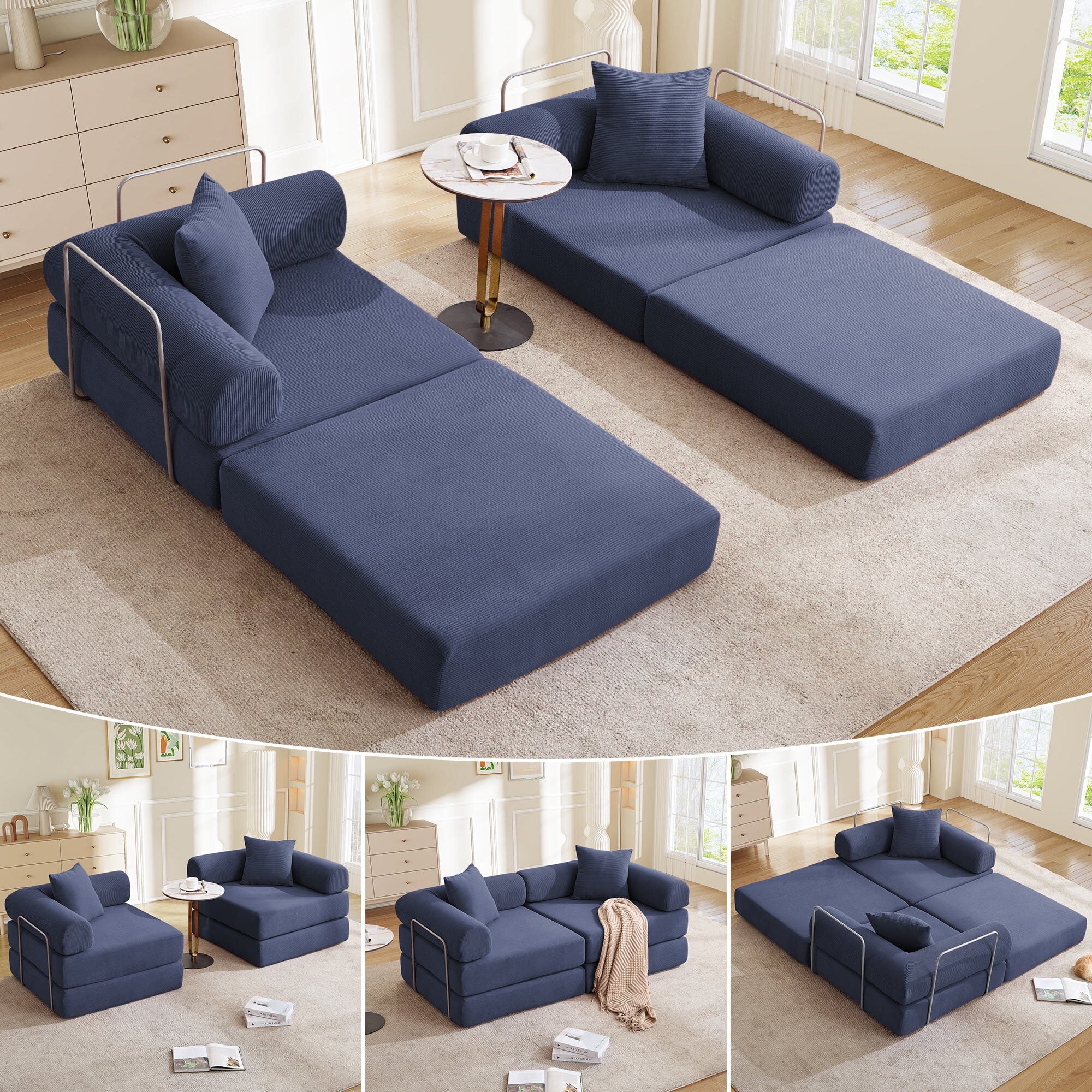 FFH Modular Convertible Floor Sofa Bed, Comfy Foldable Sleeper Cloud Couch for Living Room, Bedroom, Dark Blue Corduroy