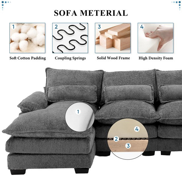 FFH Chenille Sectional Sofa with 2 Chaise, 110.6" Large Reversible Modular Sofa, Modern U-Shaped Sofa Couch for Living Room, Dark Gray