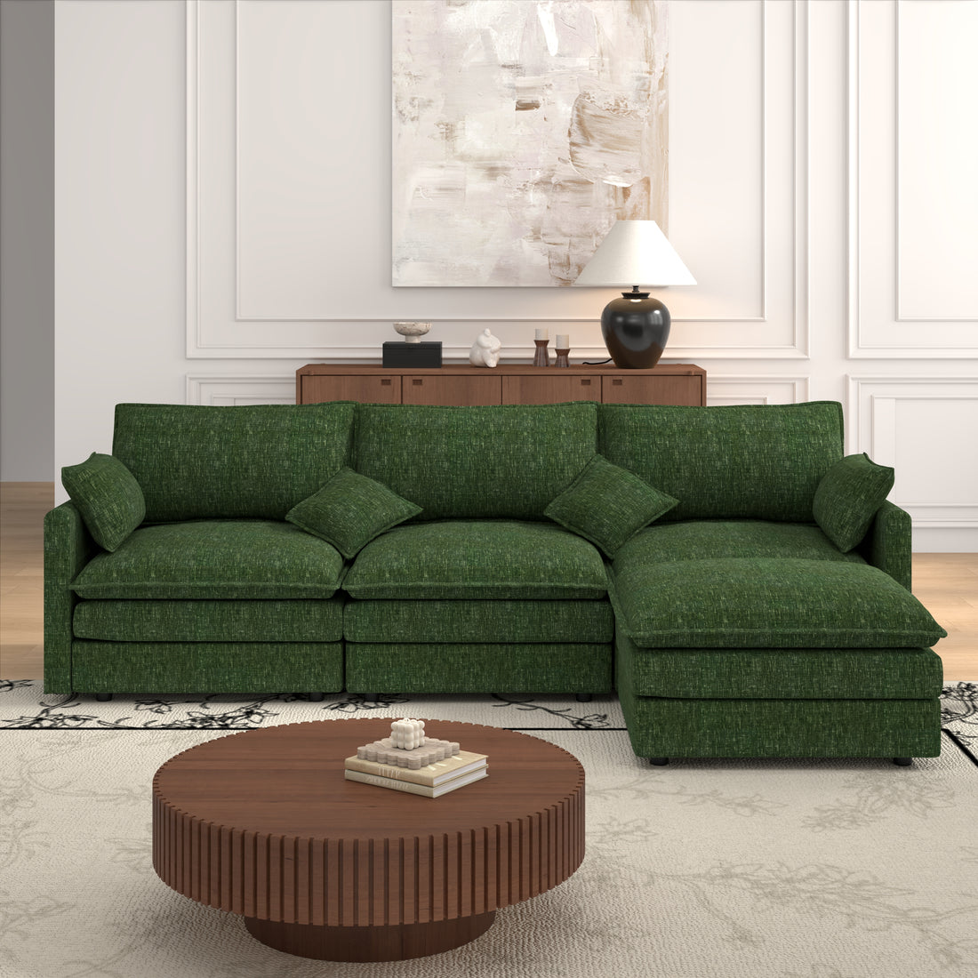FFH Sectional Cloud Couch with Reversible Ottoman, L-Shaped Chenille Sofa for Living Room, Green