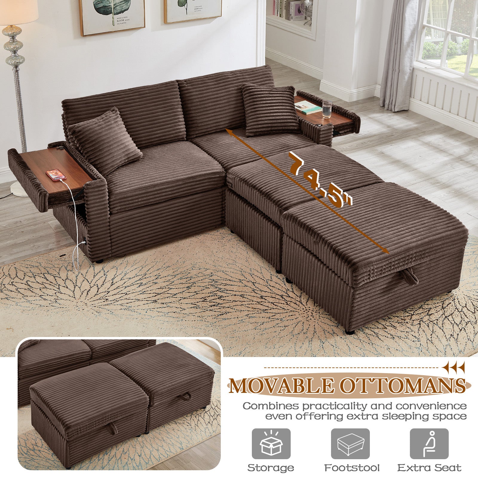 FFH Loveseat Sectional Sofa with 2 Storage Ottomans, Modular Cloud Couch with 2 Side Tables & USB, Plush Double Chaise Lounge Sofa Bed Indoor, Brown Corduroy