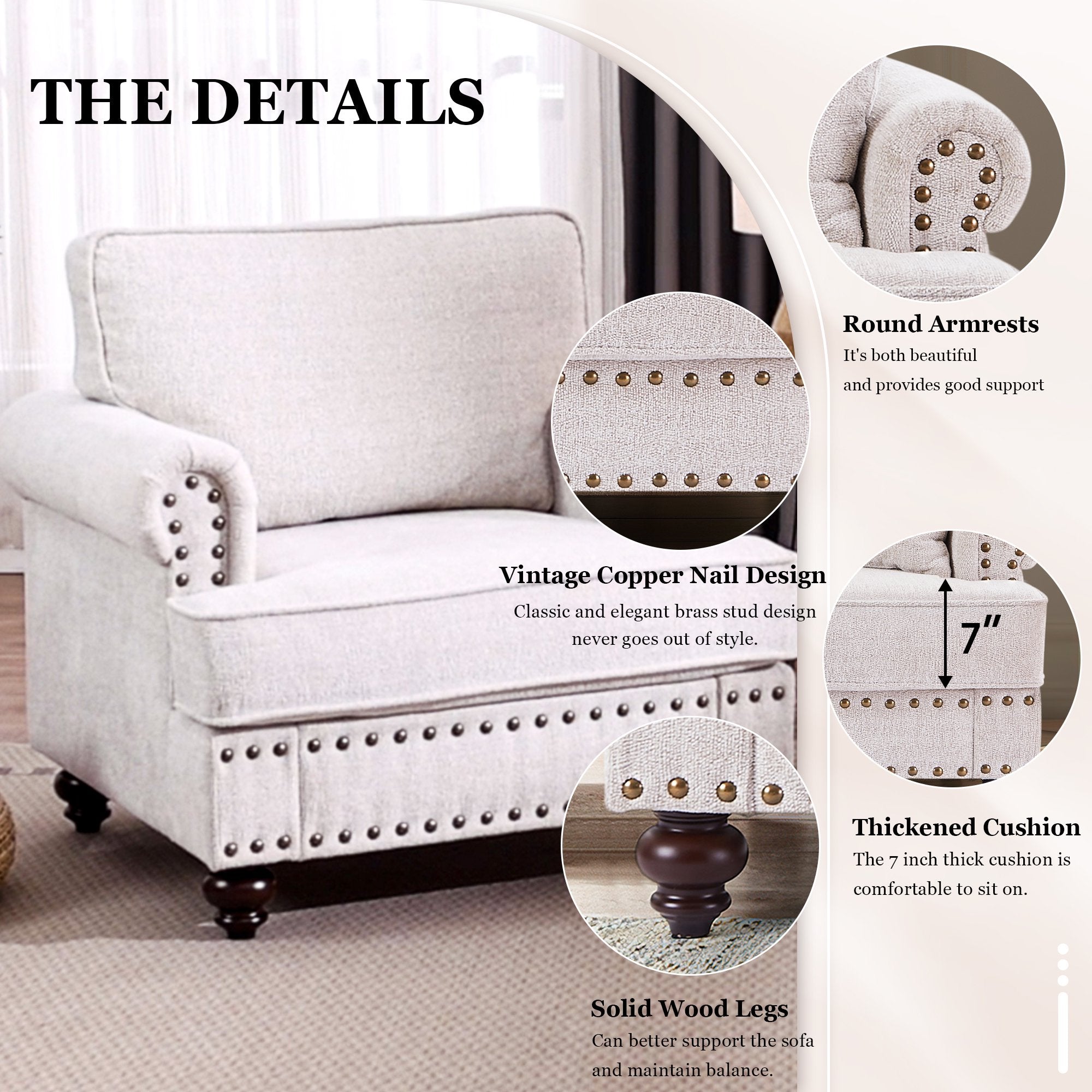 FFH Mid-Century Single Sofa Accent Chair, Chenille Upholstered Armchair with Nailhead, 38" Small Couch for Living Room, White