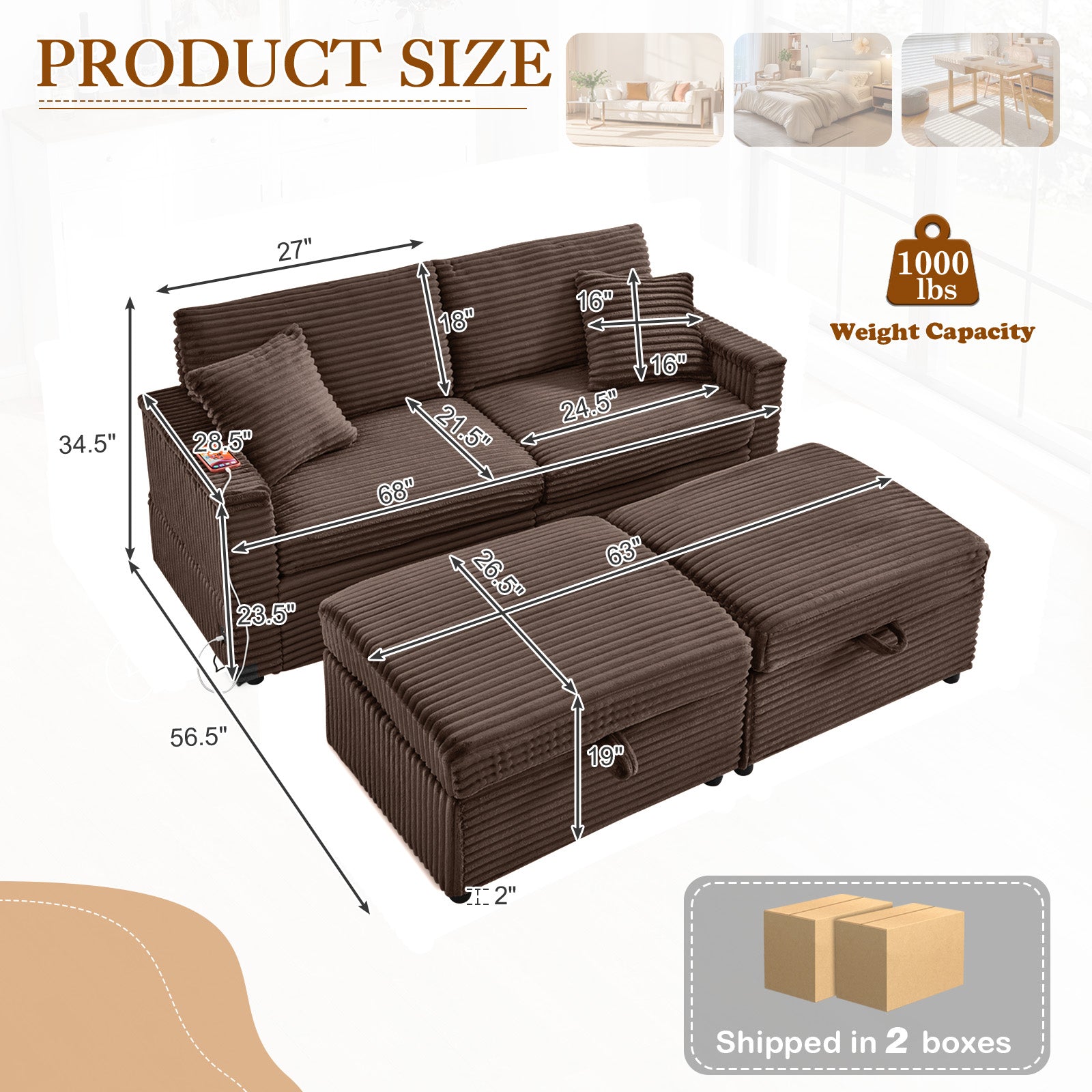 FFH Loveseat Sectional Sofa with 2 Storage Ottomans, Modular Cloud Couch with 2 Side Tables & USB, Plush Double Chaise Lounge Sofa Bed Indoor, Brown Corduroy