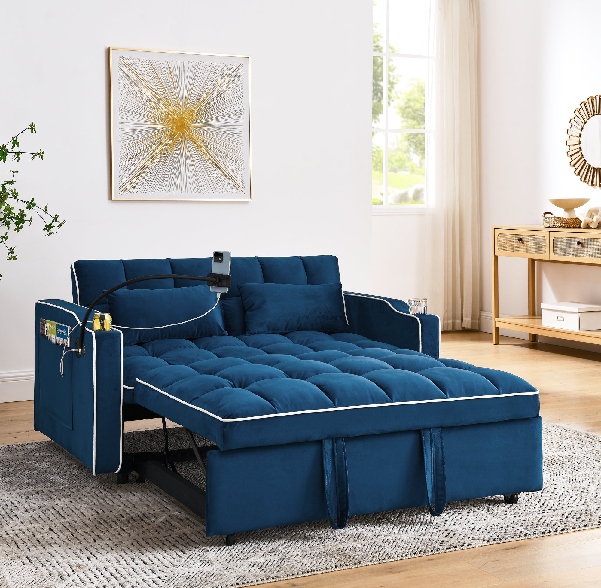 FFH 3-in-1 Convertible Loveseat Sleeeper, Futon Sofa Bed with Phone Stand & USB, Pull Out Sofa Bed for Living Room/Apt, Blue Velvet