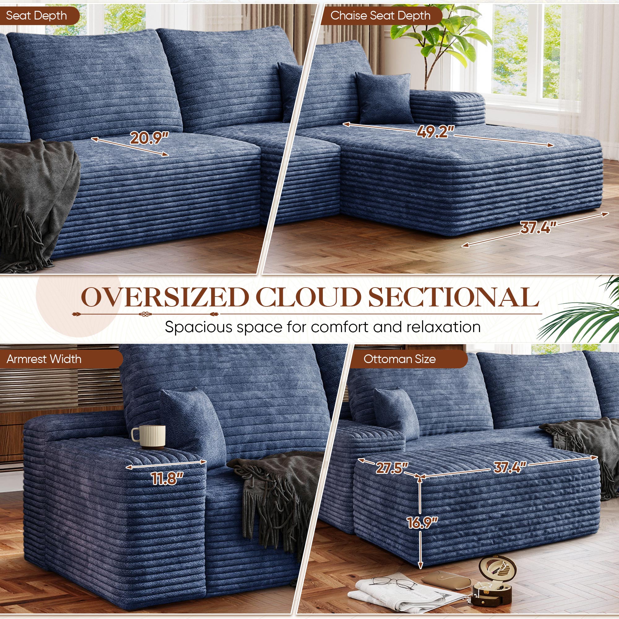 FFH 107" Cloud Sectional Sofa with Right Chaise, Cozy U-Shaped Modular Sofa with Ottoman, Plush Corduroy Sleeper Bed Couch, No Assembly Required, Blue