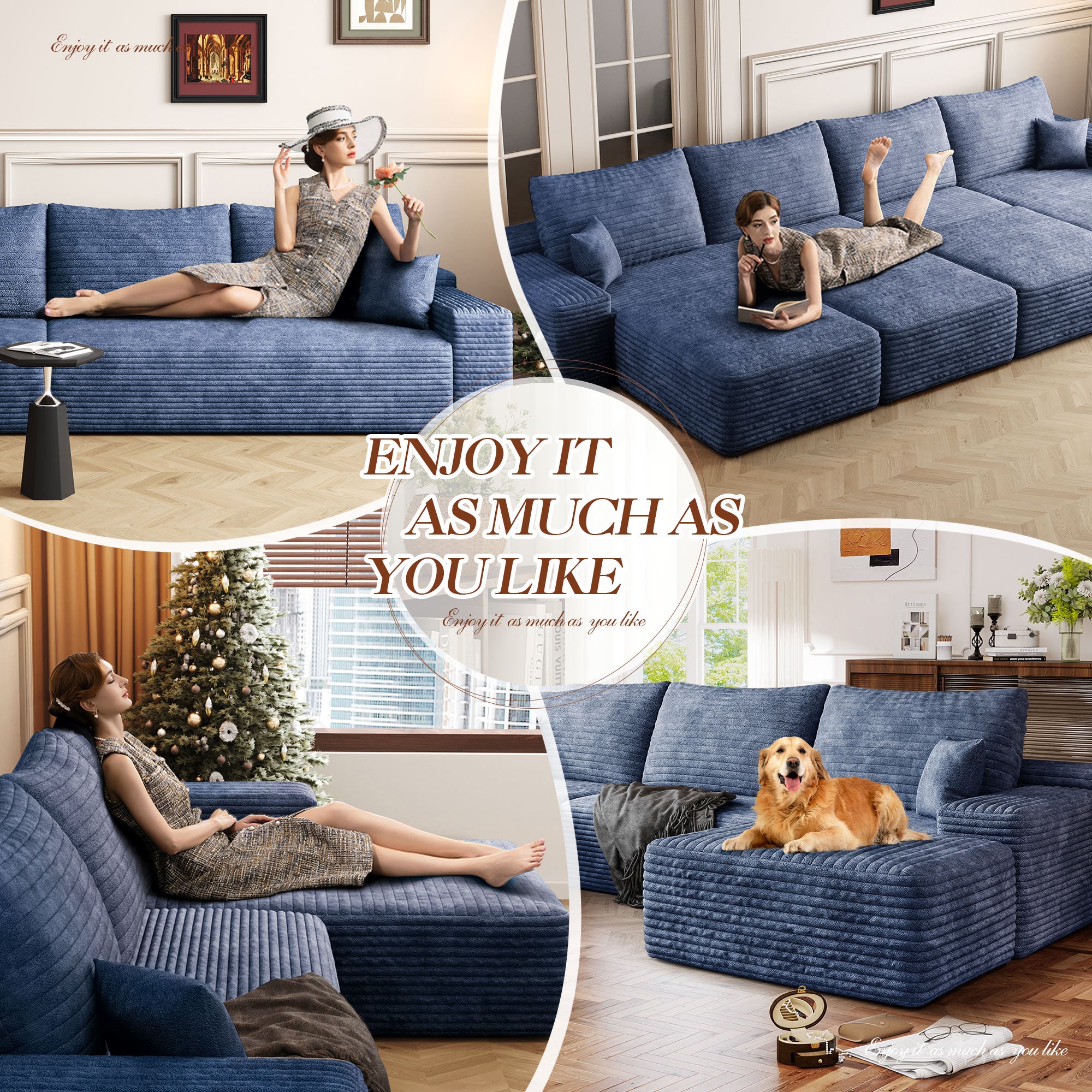 FFH 107" Cloud Sectional Sofa with Right Chaise, Cozy L-Shaped Modular Sofa, Plush Corduroy Sleeper Bed Couch, No Assembly Required, Blue