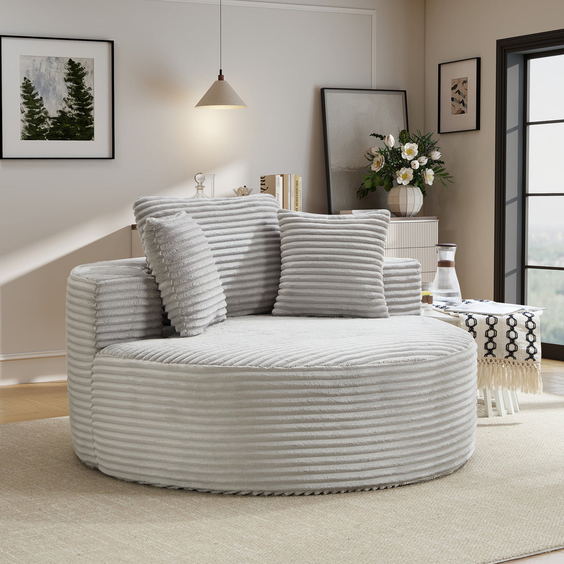 Muumblus Oversized Round Lounge Chaise Chair Indoor,Corduroy Boneless Cloud Couch with 3 Pillows, No Assembly Required, Modern Accent Chair for Living Room, Light Gray