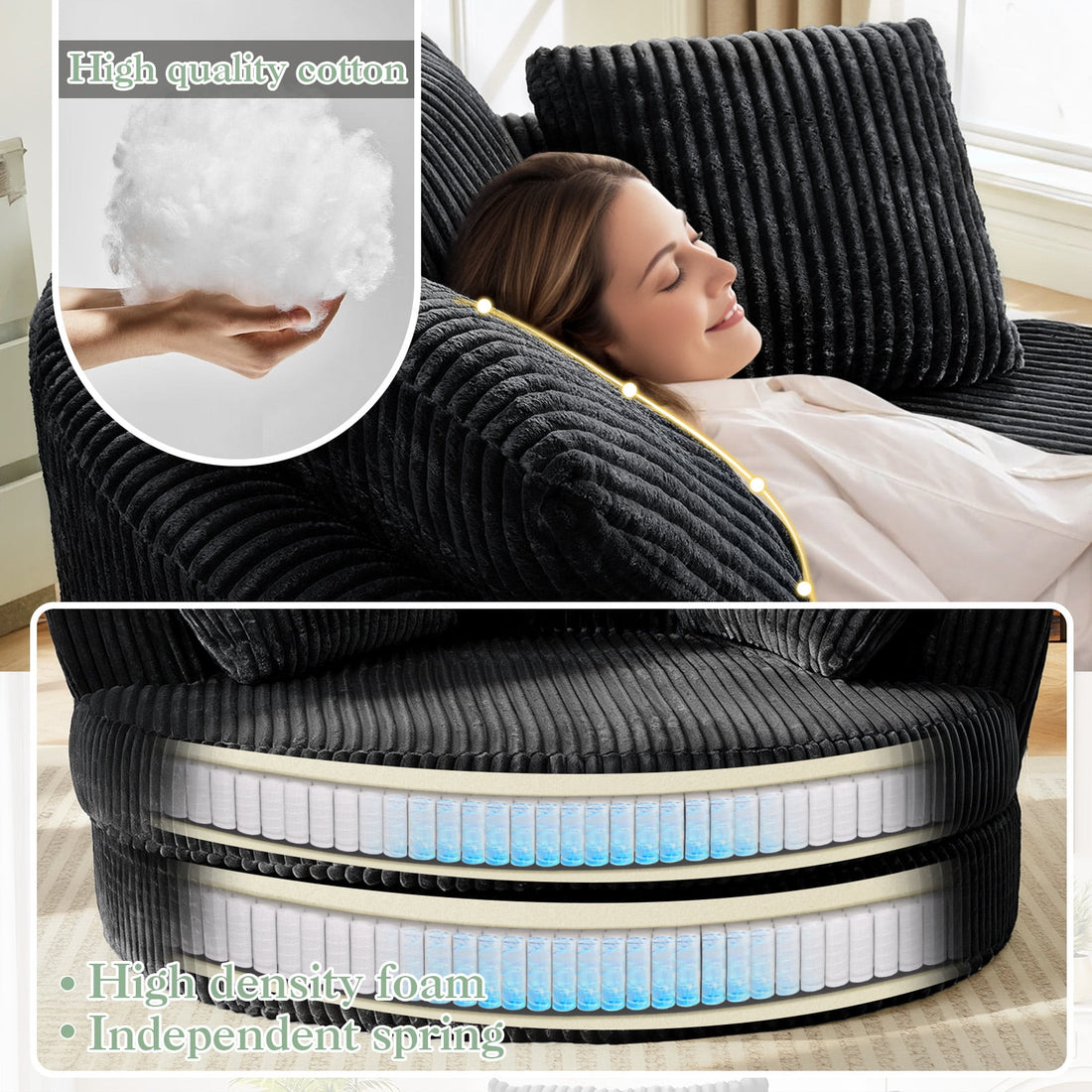 Muumblus 61" Oversized Round Boneless Lounge Chaise Chair Indoor, Corduroy Deep Seat Cloud Couch Sleeper Sofa Bed with 3 Pillows, No Assembly Barrel Chair for Living Room, Gray