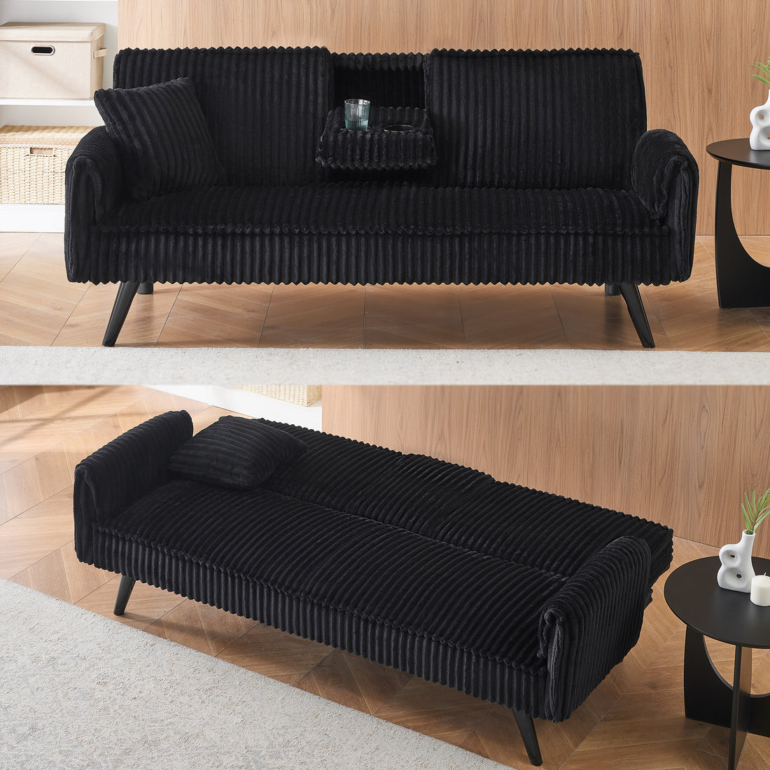 FFH Modern Corduroy Futon Sofa Bed with Adjustable Backrest,Convertible Loveseat Sleeper,Soft Couch with Drop-Down Table and Cup Holder for Living room