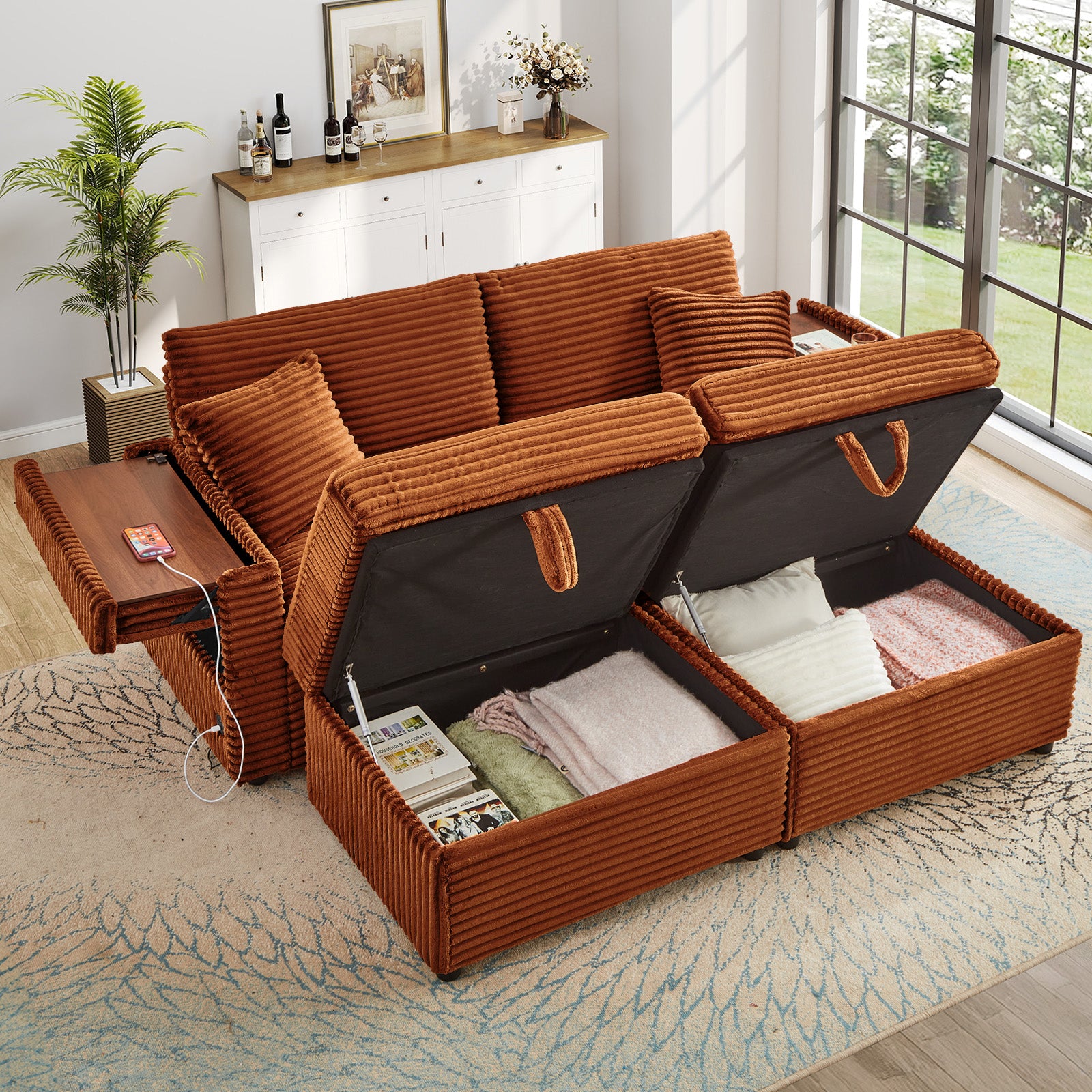 FFH Loveseat Sectional Sofa with 2 Storage Ottomans, Modular Cloud Couch with 2 Side Tables & USB, Plush Double Chaise Lounge Sofa Bed Indoor, Orange Corduroy