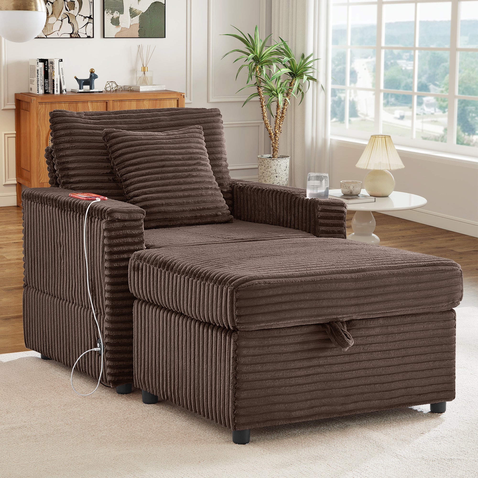 FFH Accent Chair with Storage Ottoman & Side Table, Cozy Lounge Chair with USB, Modern Single Sofa Armchair for Living Room, Brown Corduroy