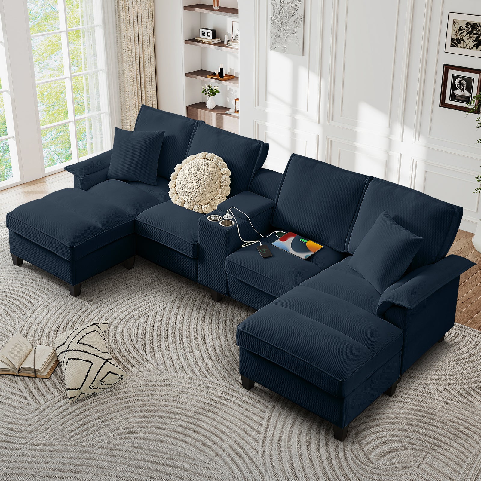 FFH 120" U-Shaped Sectional Sofa with USB & Storage, Living Room 4-Seater Couch with Double Chaise Lounge, Cup Holders, Blue Corduroy