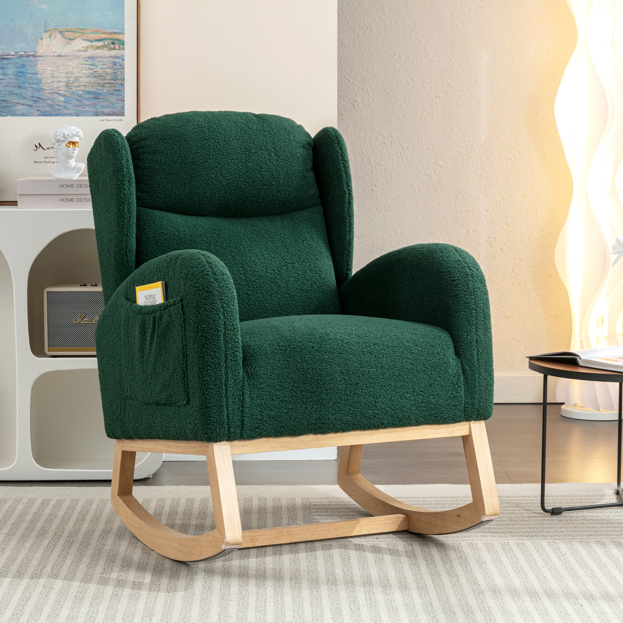 FFH Wingback Glider Rocking Chair for Baby Nursery, Adult, Indoor, Green Teddy