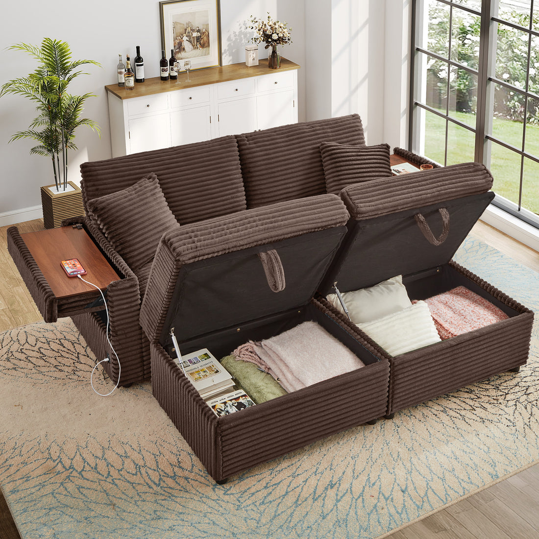 FFH Loveseat Sectional Sofa with 2 Storage Ottomans, Modular Cloud Couch with 2 Side Tables & USB, Plush Double Chaise Lounge Sofa Bed Indoor, Brown Corduroy