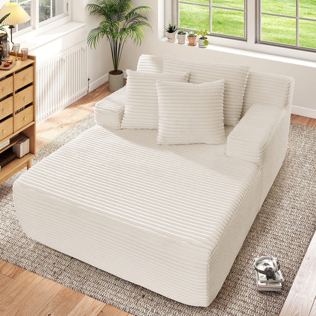 FFH Oversized Chaise Lounge Chair Indoor, No Assembly Required, Plush Corduroy Cloud Floor Sofa Bed for Living Room, Beige