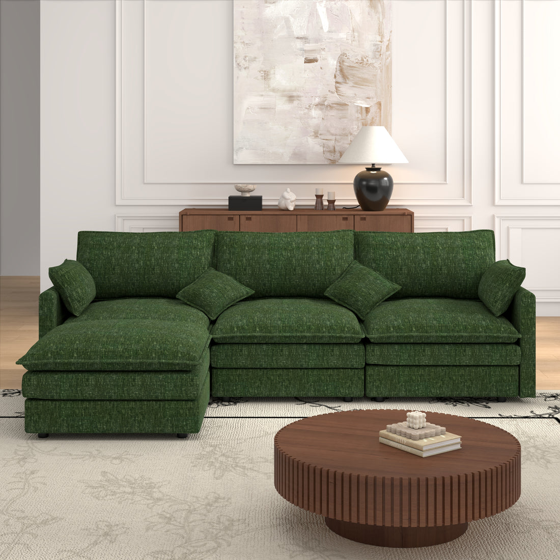 FFH Sectional Cloud Couch with Reversible Ottoman, L-Shaped Chenille Sofa for Living Room, Green