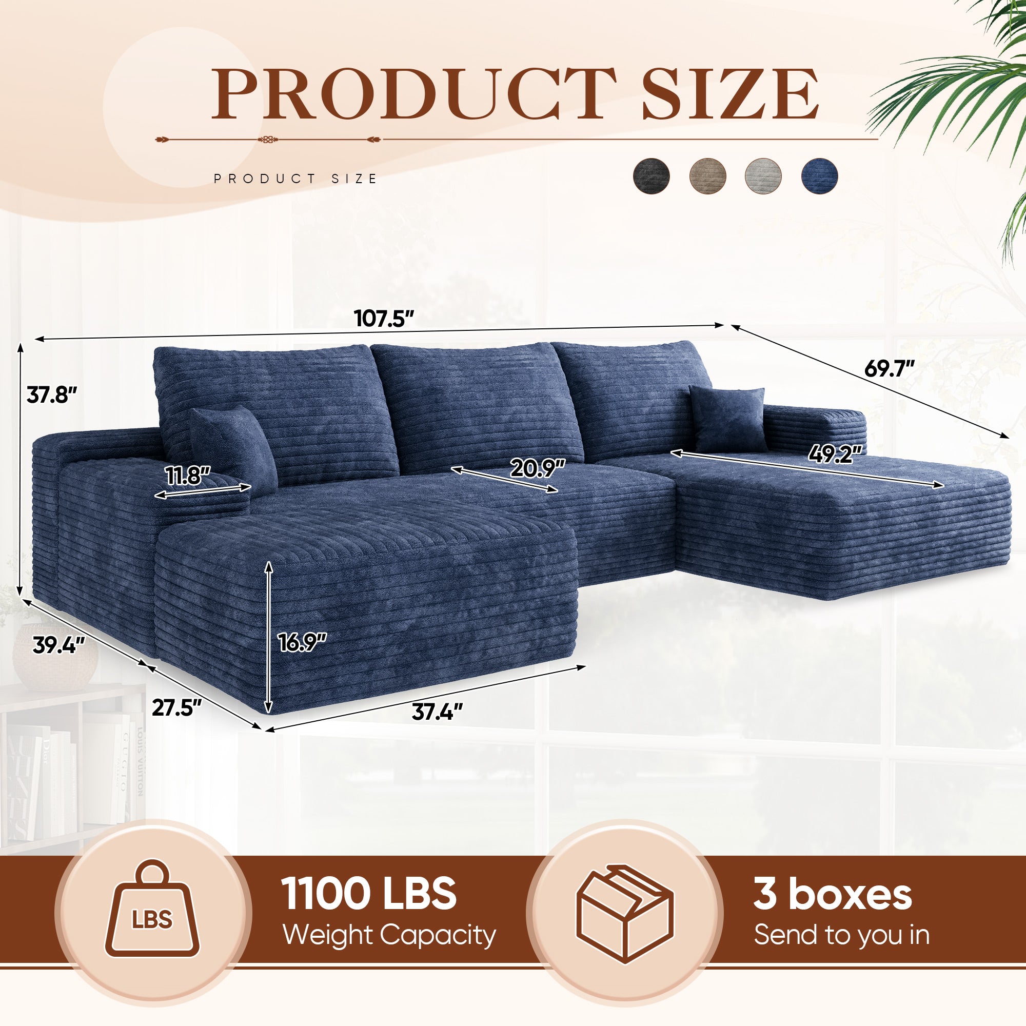 FFH 107" Cloud Sectional Sofa with Right Chaise, Cozy U-Shaped Modular Sofa with Ottoman, Plush Corduroy Sleeper Bed Couch, No Assembly Required, Blue