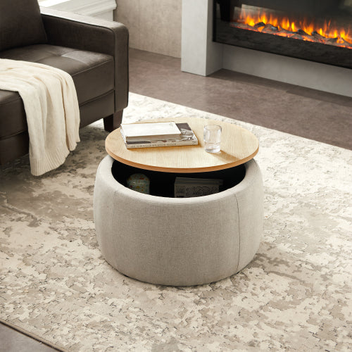 FFH Round Storage Ottoman, 2 in 1 Function, Work as End table and Ottoman, Dark Grey (25.5"x25.5"x14.5")