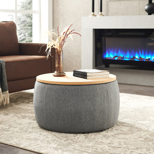 FFH Round Storage Ottoman, 2 in 1 Function, Work as End table and Ottoman, Dark Grey (25.5"x25.5"x14.5")