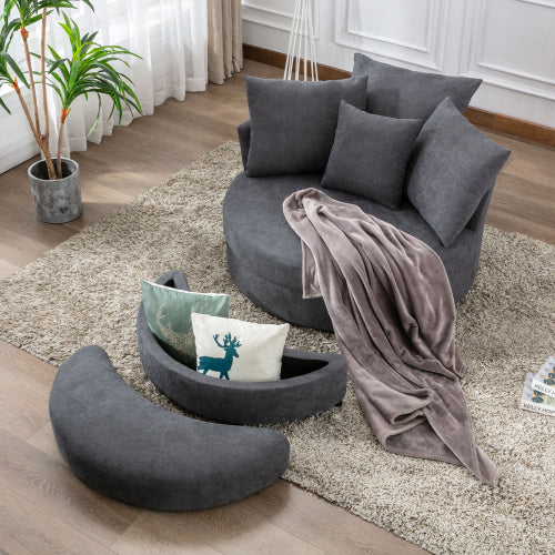 FFH 360° Swivel Accent Barrel Chair with Storage Ottoman & 4 Pillows, Modern Linen Leisure Chair Round Accent for Living Room,Creamy White