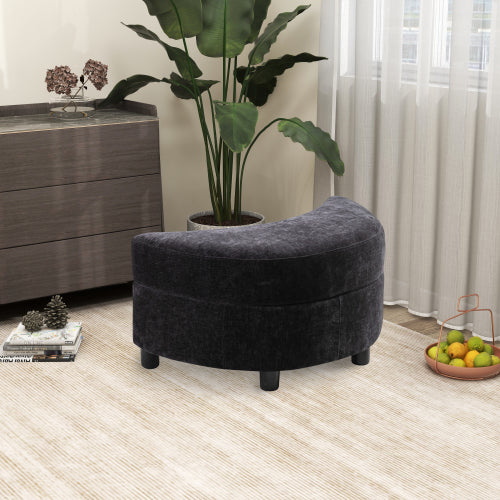 FFH 32.7" W Chenille Upholstered Half Crescent Moon Storage Bench Large Ottoman With Tray Serve As Side Table Soft Padded Seat Dressing Shoe Bench Foot Rest For Living Room, Entryway, Hallway(Black)