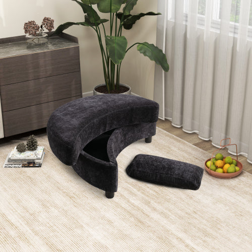 FFH 32.7" W Chenille Upholstered Half Crescent Moon Storage Bench Large Ottoman With Tray Serve As Side Table Soft Padded Seat Dressing Shoe Bench Foot Rest For Living Room, Entryway, Hallway(Black)