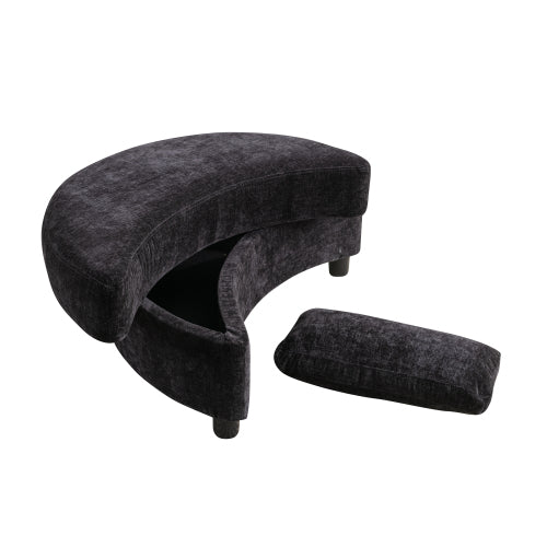 FFH 32.7" W Chenille Upholstered Half Crescent Moon Storage Bench Large Ottoman With Tray Serve As Side Table Soft Padded Seat Dressing Shoe Bench Foot Rest For Living Room, Entryway, Hallway(Black)