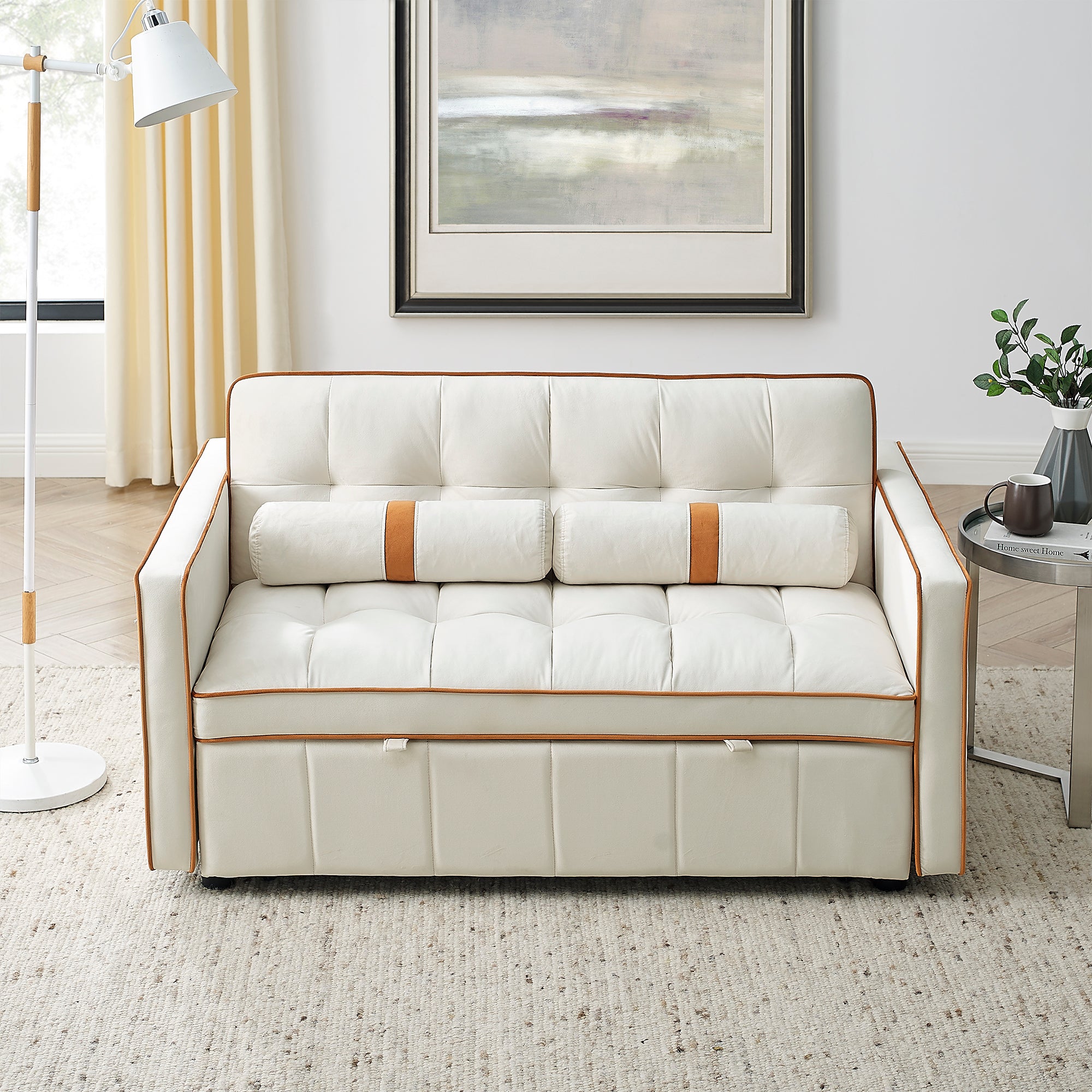 FFH 55.5" Convertible Futon Sofa Bed, Loveseats Sleeper with Adjsutable Backrest, Pull Out Sofa Bed for Living Room, Beige Velvet