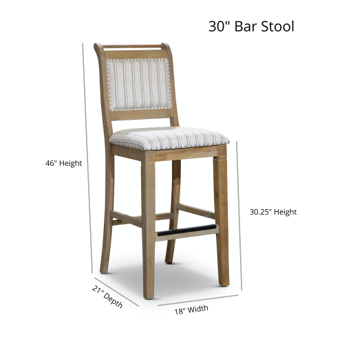 FFH 30" Bar Stool, Rustic Gray Finish, Gray Stripe Fabric Seat