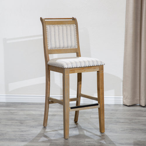 FFH 30" Bar Stool, Rustic Gray Finish, Gray Stripe Fabric Seat