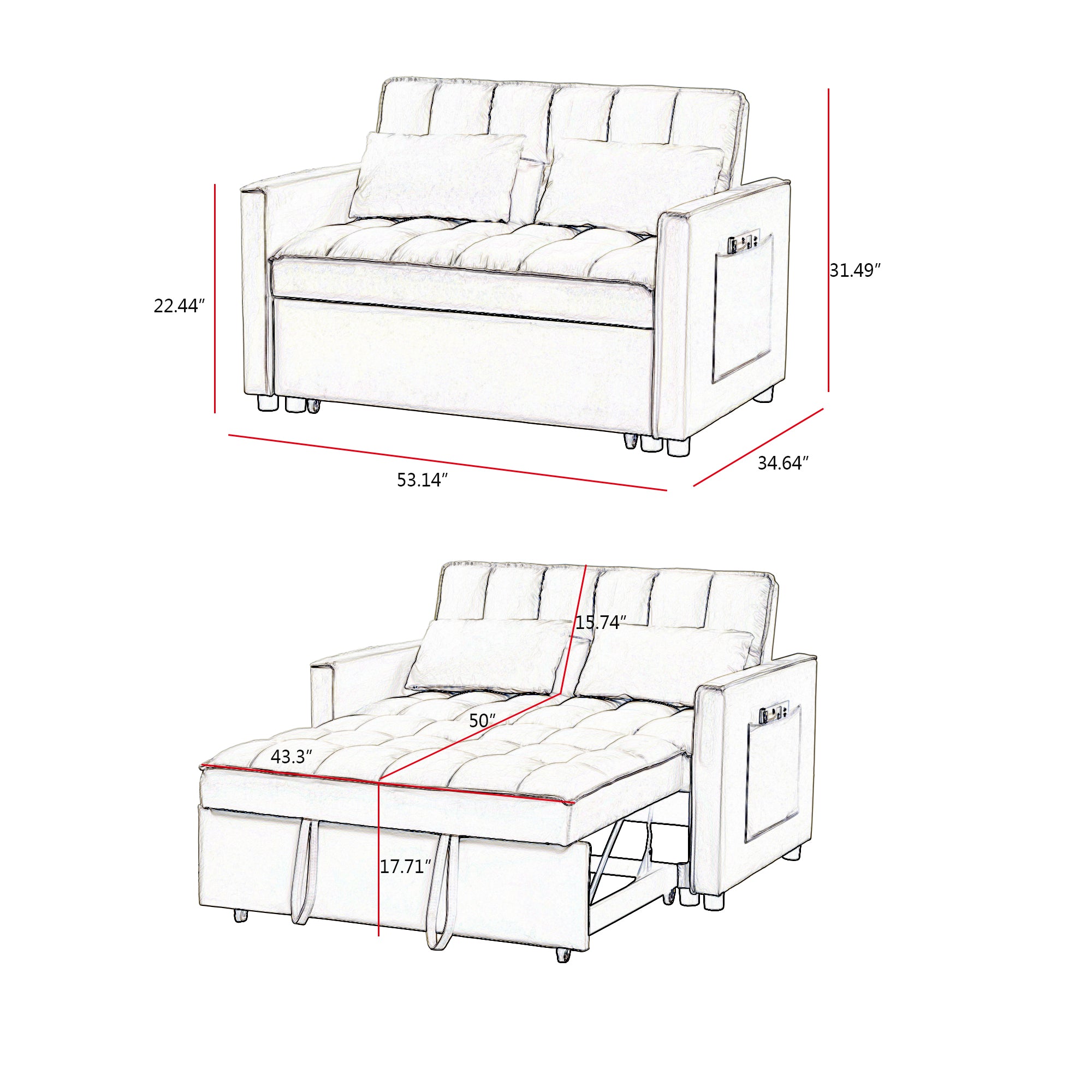 FFH 55" Convertible Sleeper Loveseat, Modern Velvet Futon Sofa Bed, Pull Out Sofa Bed for Apartment, Pink
