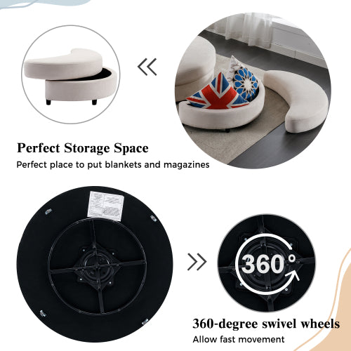FFH 360° Swivel Accent Barrel Chair with Storage Ottoman & 4 Pillows, Modern Linen Leisure Chair Round Accent for Living Room,Creamy White