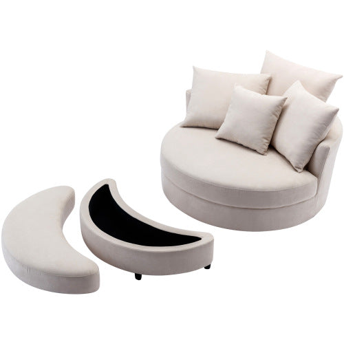 FFH 360° Swivel Accent Barrel Chair with Storage Ottoman & 4 Pillows, Modern Linen Leisure Chair Round Accent for Living Room,Creamy White