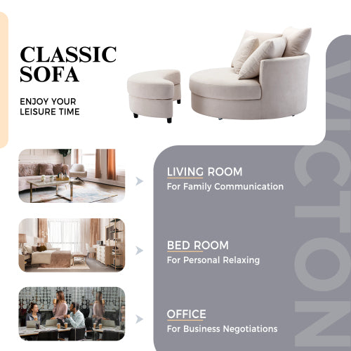 FFH 360° Swivel Accent Barrel Chair with Storage Ottoman & 4 Pillows, Modern Linen Leisure Chair Round Accent for Living Room,Creamy White