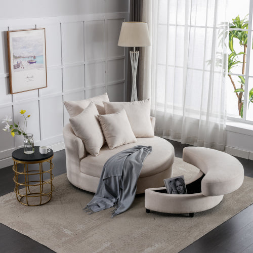 FFH 360° Swivel Accent Barrel Chair with Storage Ottoman & 4 Pillows, Modern Linen Leisure Chair Round Accent for Living Room,Creamy White
