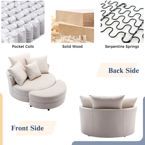 FFH 360° Swivel Accent Barrel Chair with Storage Ottoman & 4 Pillows, Modern Linen Leisure Chair Round Accent for Living Room,Creamy White