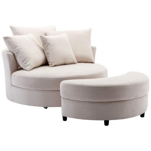 FFH 360° Swivel Accent Barrel Chair with Storage Ottoman & 4 Pillows, Modern Linen Leisure Chair Round Accent for Living Room,Creamy White