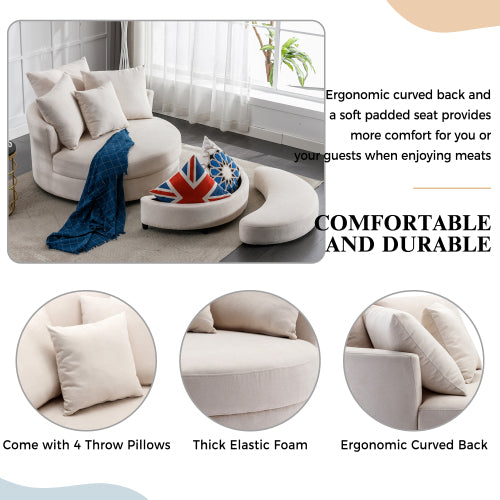 FFH 360° Swivel Accent Barrel Chair with Storage Ottoman & 4 Pillows, Modern Linen Leisure Chair Round Accent for Living Room,Creamy White