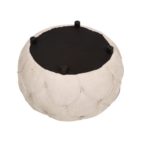 FFH Large Button Tufted Woven Round Storage Ottoman for Living Room & Bedroom,17.7"H Burlap Beige