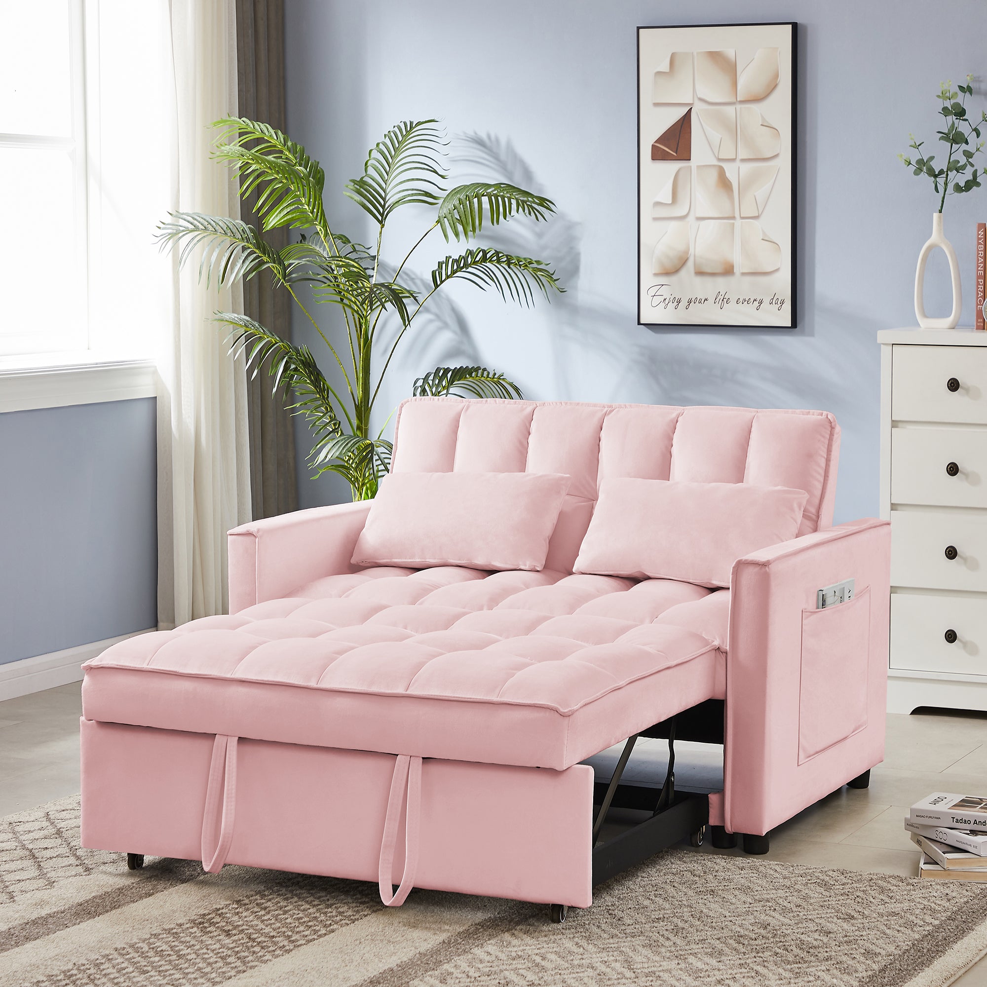 FFH 55" Convertible Sleeper Loveseat, Modern Velvet Futon Sofa Bed, Pull Out Sofa Bed for Apartment, Pink