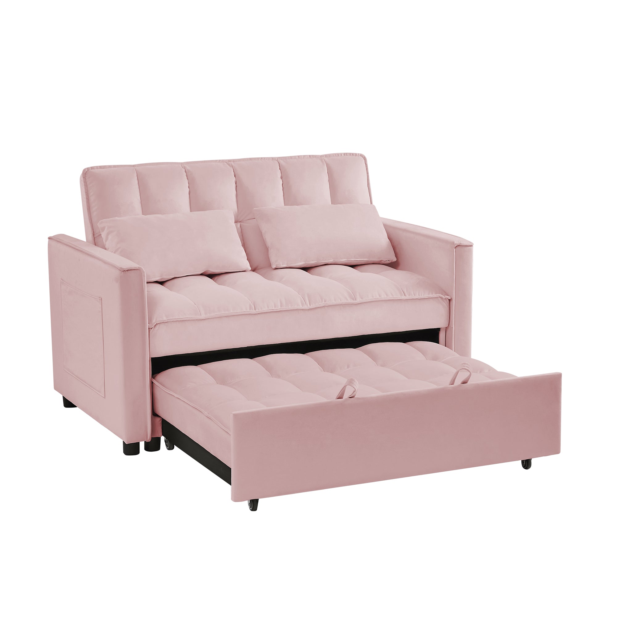 FFH 55" Convertible Sleeper Loveseat, Modern Velvet Futon Sofa Bed, Pull Out Sofa Bed for Apartment, Pink