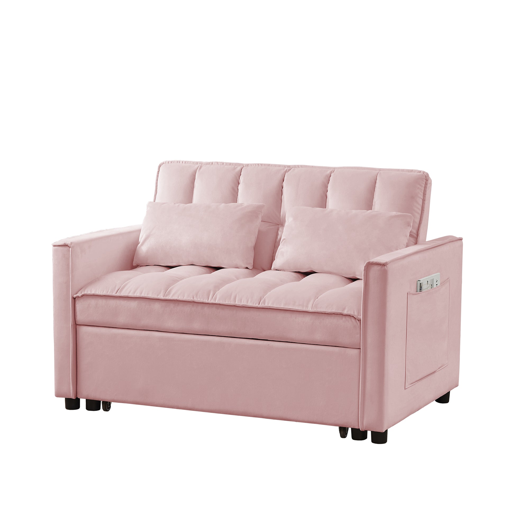 FFH 55" Convertible Sleeper Loveseat, Modern Velvet Futon Sofa Bed, Pull Out Sofa Bed for Apartment, Pink