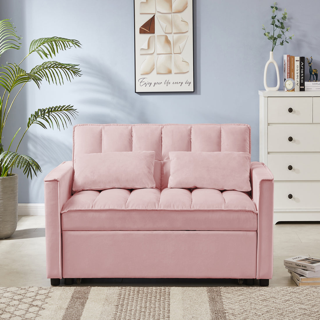 FFH 55" Convertible Sleeper Loveseat, Modern Velvet Futon Sofa Bed, Pull Out Sofa Bed for Apartment, Pink