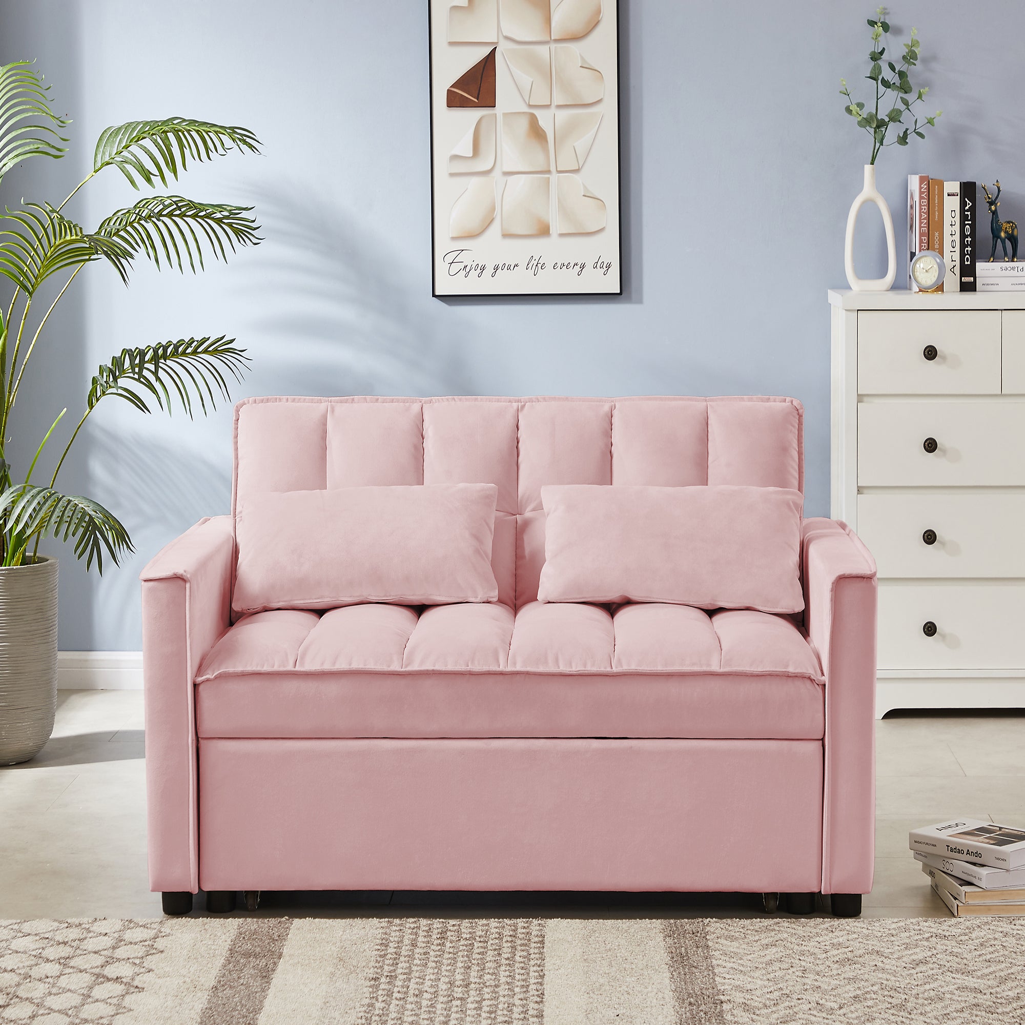 FFH 55" Convertible Sleeper Loveseat, Modern Velvet Futon Sofa Bed, Pull Out Sofa Bed for Apartment, Pink