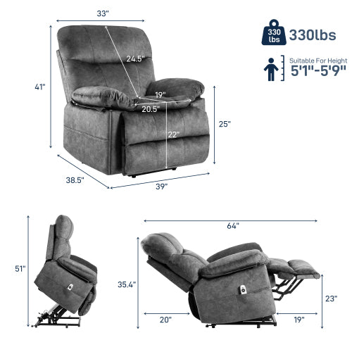 FFH 39.4" Wide Oversize Big Man Modern Velvet Power Lift Assist Recliner With Heating and Massage