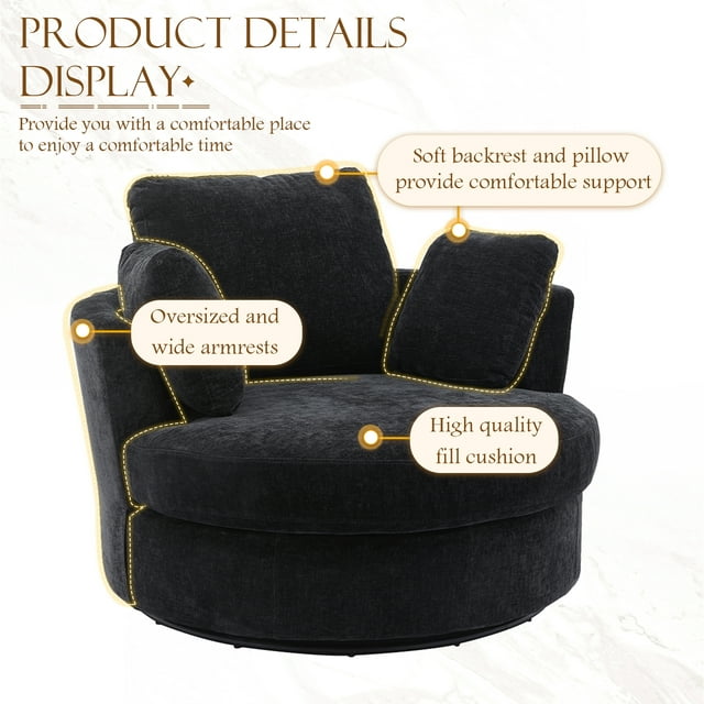 FFH 42.2"W Chenille Swivel Chair, Modern Oversize Armchair Comfy Club Chair Sherpa Chir for Bedroom Living Room, Black