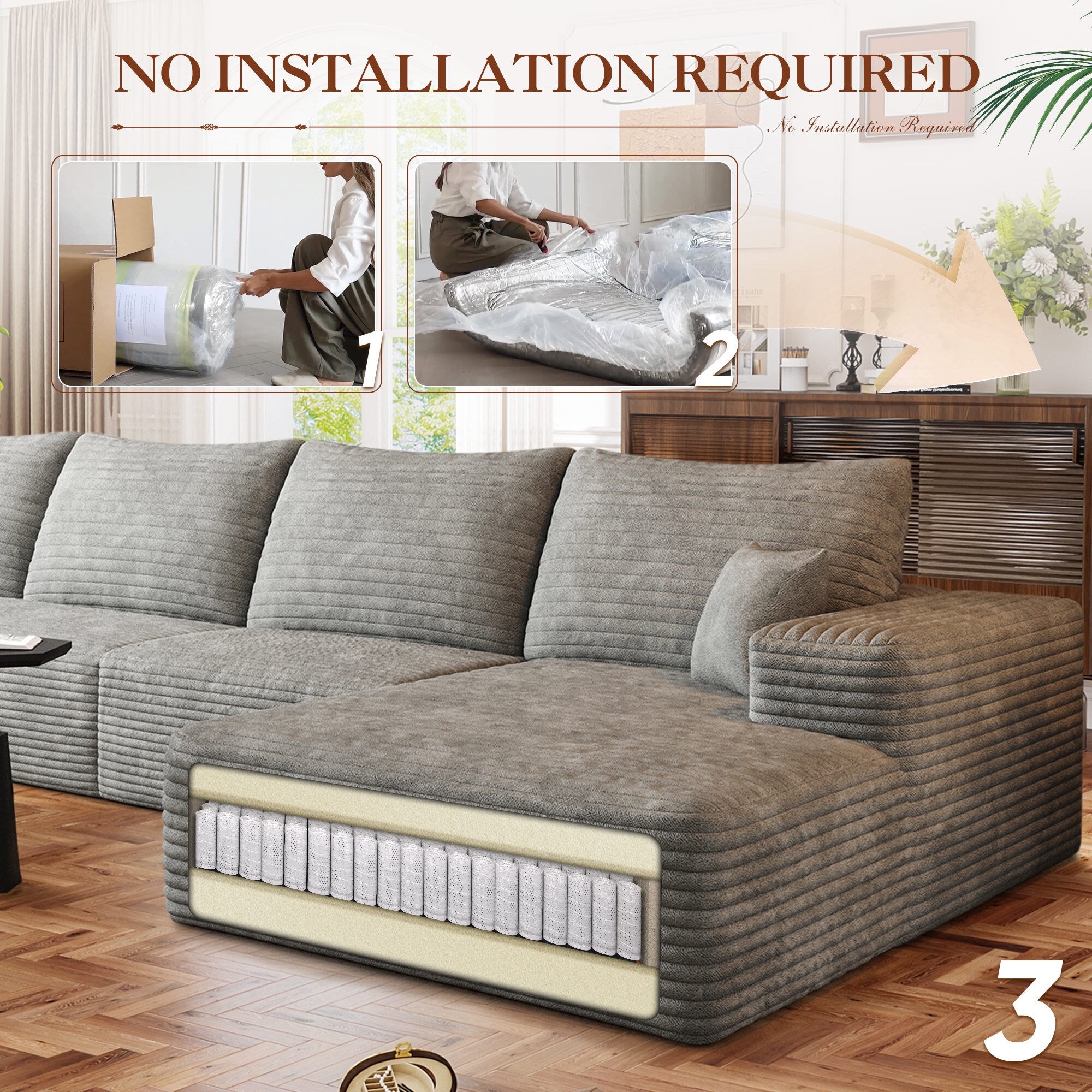 FFH 107" Cloud Sectional Sofa with Right Chaise, Cozy L-Shaped Modular Sofa, Plush Corduroy Sleeper Bed Couch, No Assembly Required, Gray