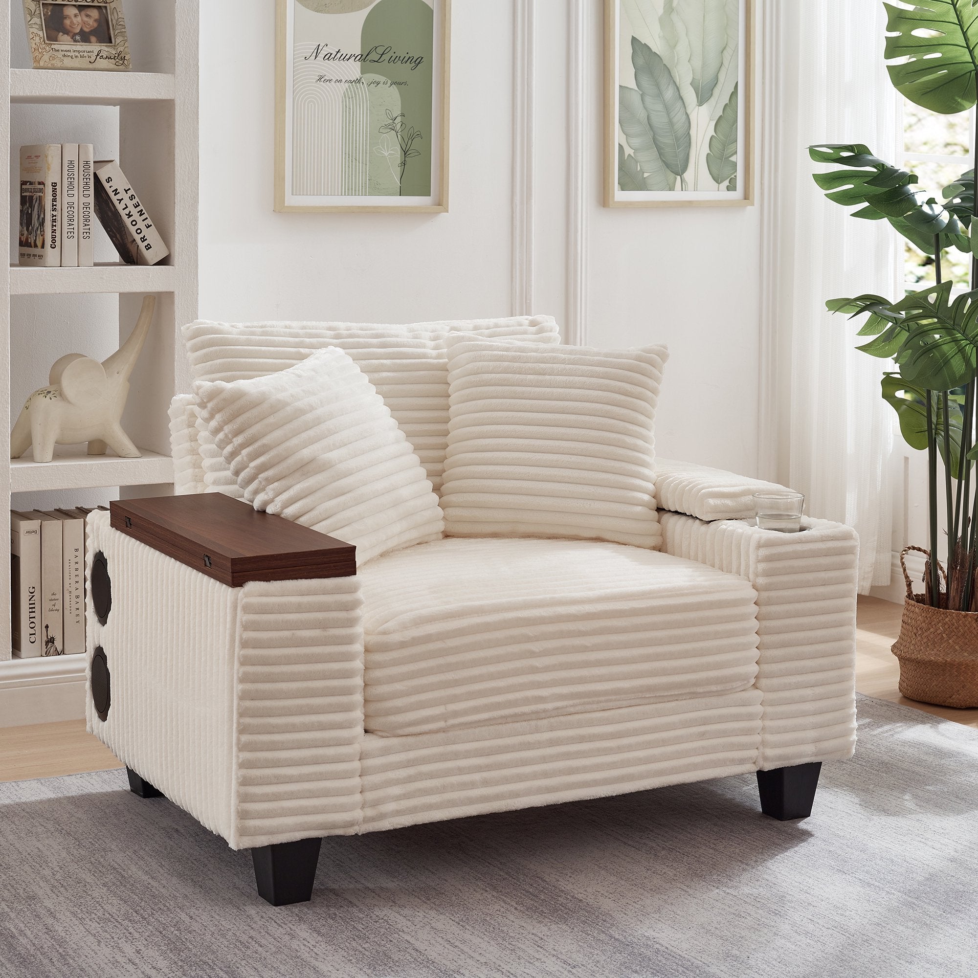 FFH Oversized Living Room Chair with Bluetooth Speaker, Ottoman, Rotating Table Board & USB, Cozy Indoor Lounge Reading Armchair, White Corduroy